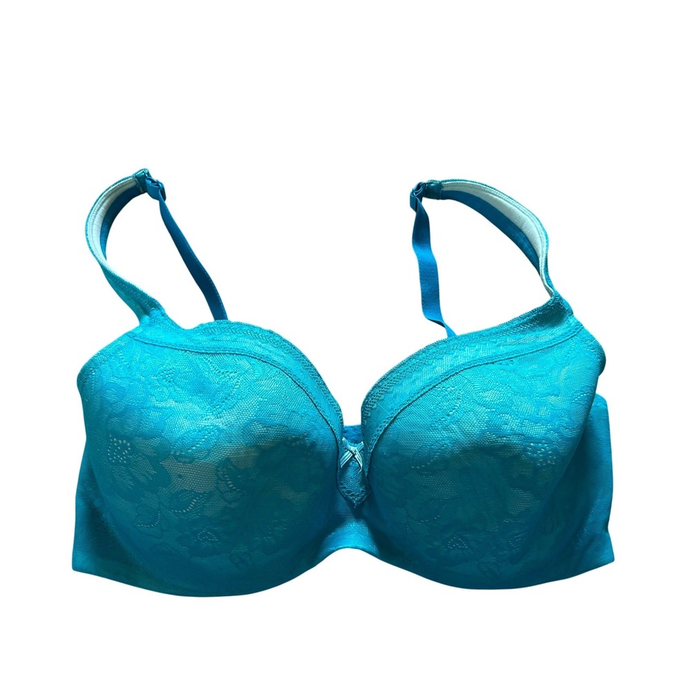 Cacique‎ 38F Lightly Lined Balconette Bra Turquoise Floral Lace Underwire 4538